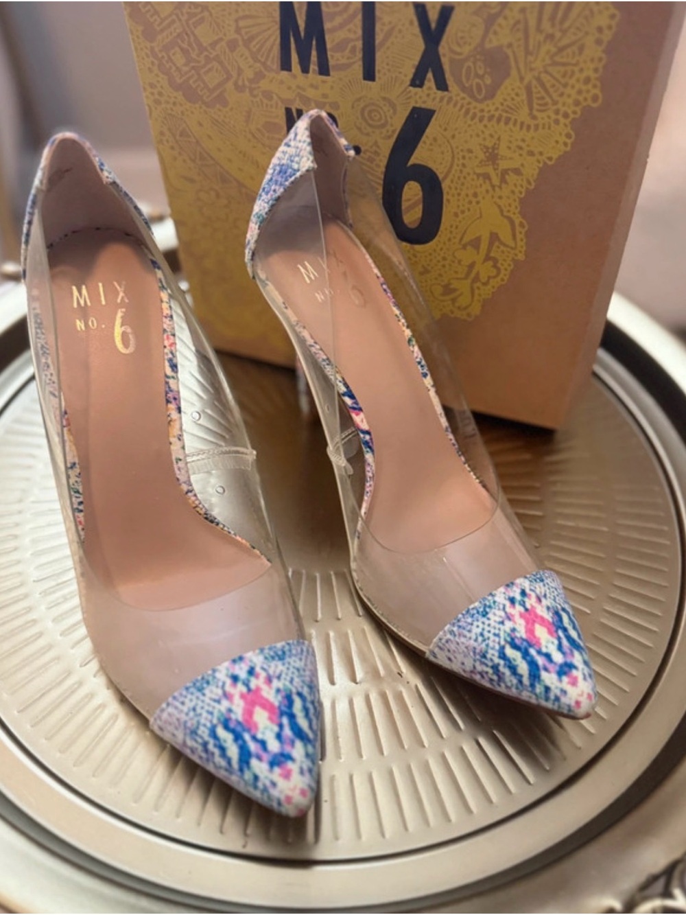 Mix No. 6 Nude Pumps with Blue and Pink Patterned Toe
